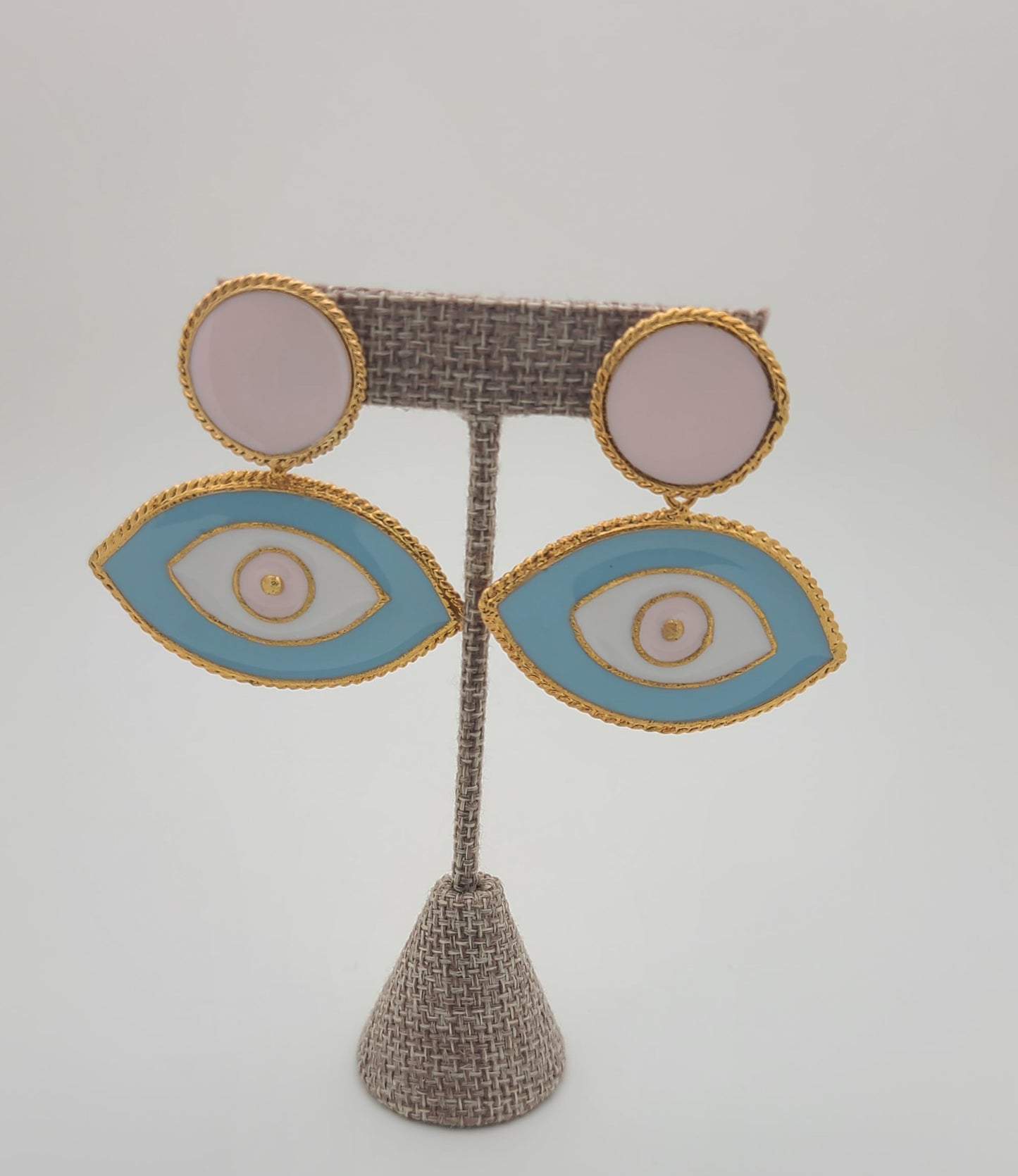 Evil Eyes Earrings (Enamel Collection) Pink/white/light blue with gold border.