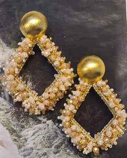 Greta beaded Earrings (Diamond shape/Pearl-Gold)